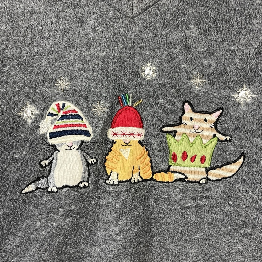 White Stag Gray Fleece Christmas Cat Vintage Sweatshirt Top Womens XL Winter